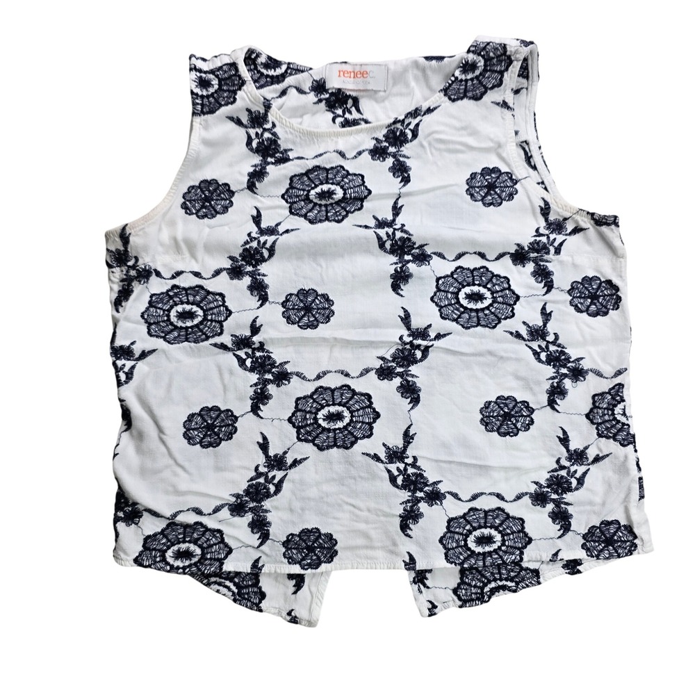 Renee C Floral Embroidered Sleeveless Top Womens M White Navy Blue